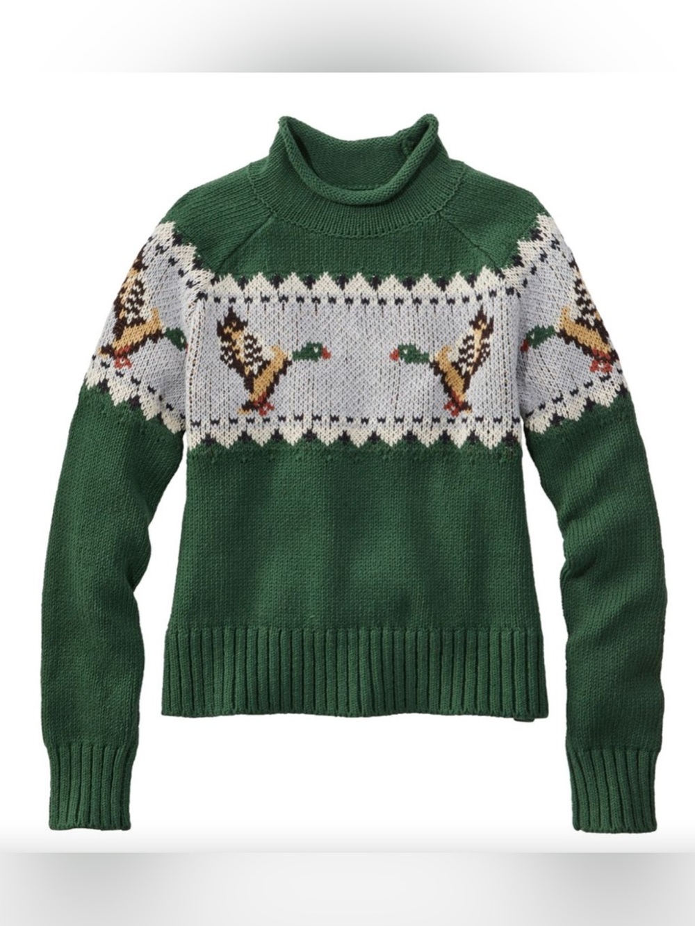 LL Bean signature cotton rollneck green mallard duck sweater